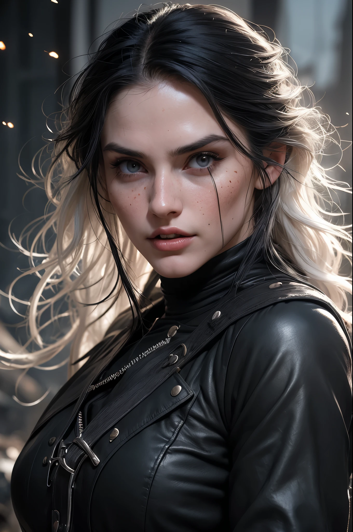 linda com longos cabelos pretos e olhos azuis cristalinos parecida com a yennefer do jogo the witcher, She wears a black leather jacket and is in the middle of a fierce battle against enemy soldiers...., your face is stained with blood and freckles, Your skin is white, and his expression is angry