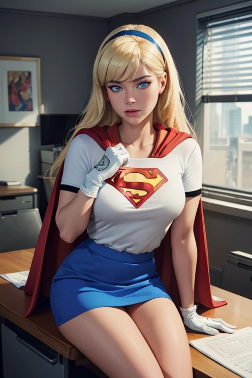 Masterpiece, raw, beautiful art, professional artist, 8k, very detailed face, very detailed hair, 1girl, Supergirl (blonde hair, long hair, hairband, blue eyes, gloves, red cape, short tight blue skirt, white shirt), at the Daily Planet, in Lois' office, a sexy modern office, sitting on her desk, the desk is glass and see-through, hot, horny, aroused, blushing, no labels, no branding, perfectly drawn body, beautiful face, very detailed eyes, rosey cheeks, intricate details in eyes, puckered lips, perfect fit body, beautiful body, extremely detailed, intricate details, highly detailed, sharp focus, detailed skin, realistic skin texture, texture, detailed eyes, high resolution, kodak vision color, foto_\(ultra\), post-processing, maximum detail, roughness, real life, ultra realistic, photorealism, photography, absurdres, RAW photo, highest quality, high detail RAW color photo, professional photo, extremely detailed UHD 8k wallpaper unit, best quality, highres, (masterpiece, top quality, high resolution:1.4), photo, cinematic, film grain, sharp, soft natural light, magic photography, super detailed
