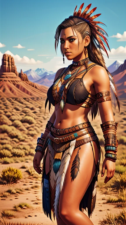 A high resolution ultra detailed realistic photo with a Native American woman, Native American woman with long legs and curvy figure, hairstyle wild braids, clothing is a mix of cyberpunk and  Native American style, Native American woman with full body pose dancing and looking towards the Camera, the clothes swing in the air, the background of the picture is at night in the steppe with mountains in the background, Clothing Maxi dress, Clothing maxi skirt, Clothing long maxi dress, large Native American tattoos, Kleidung in roter Farbe, Full body with long legs and high heels