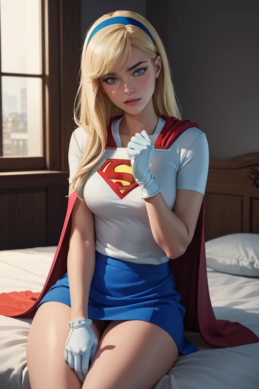 Masterpiece, raw, beautiful art, professional artist, 8k, very detailed face, very detailed hair, 1girl, Supergirl (blonde hair, long hair, hairband, blue eyes, gloves, red cape, short tight blue skirt, white shirt), lying on her bed in the Watchtower, hot, horny, aroused, blushing, her hands exploring her body, thinking of her girlfriend, missing her lover, no labels, no branding, perfectly drawn body, beautiful face, very detailed eyes, rosey cheeks, intricate details in eyes, puckered lips, perfect fit body, beautiful body, extremely detailed, intricate details, highly detailed, sharp focus, detailed skin, realistic skin texture, texture, detailed eyes, high resolution, kodak vision color, foto_\(ultra\), post-processing, maximum detail, roughness, real life, ultra realistic, photorealism, photography, absurdres, RAW photo, highest quality, high detail RAW color photo, professional photo, extremely detailed UHD 8k wallpaper unit, best quality, highres, (masterpiece, top quality, high resolution:1.4), photo, cinematic, film grain, sharp, soft natural light, magic photography, super detailed