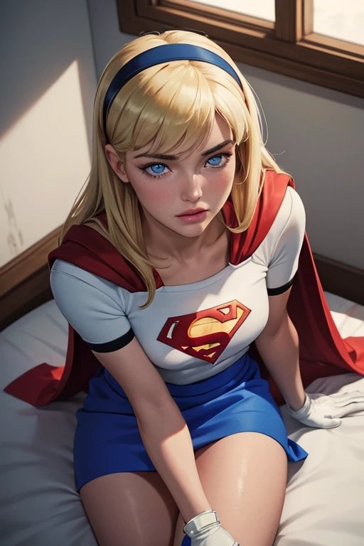 Masterpiece, raw, beautiful art, professional artist, 8k, very detailed face, very detailed hair, 1girl, Supergirl (blonde hair, long hair, hairband, blue eyes, gloves, red cape, short tight blue skirt, white shirt), lying on her bed in the Watchtower, hot, horny, aroused, blushing, her hands exploring her body, thinking of her girlfriend, missing her lover, camera from above, no labels, no branding, perfectly drawn body, beautiful face, very detailed eyes, rosey cheeks, intricate details in eyes, puckered lips, perfect fit body, beautiful body, extremely detailed, intricate details, highly detailed, sharp focus, detailed skin, realistic skin texture, texture, detailed eyes, high resolution, kodak vision color, foto_\(ultra\), post-processing, maximum detail, roughness, real life, ultra realistic, photorealism, photography, absurdres, RAW photo, highest quality, high detail RAW color photo, professional photo, extremely detailed UHD 8k wallpaper unit, best quality, highres, (masterpiece, top quality, high resolution:1.4), photo, cinematic, film grain, sharp, soft natural light, magic photography, super detailed