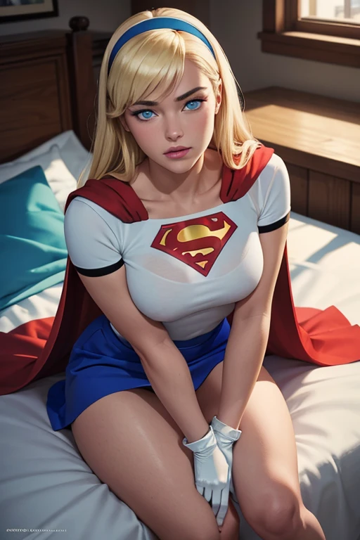 Masterpiece, raw, beautiful art, professional artist, 8k, very detailed face, very detailed hair, 1girl, Supergirl (blonde hair, long hair, hairband, blue eyes, gloves, red cape, short tight blue skirt, white shirt), lying on her bed in the Watchtower, hot, horny, aroused, blushing, her hands exploring her body, thinking of her girlfriend, missing her lover, camera from above, no labels, no branding, perfectly drawn body, beautiful face, very detailed eyes, rosey cheeks, intricate details in eyes, puckered lips, perfect fit body, beautiful body, extremely detailed, intricate details, highly detailed, sharp focus, detailed skin, realistic skin texture, texture, detailed eyes, high resolution, kodak vision color, foto_\(ultra\), post-processing, maximum detail, roughness, real life, ultra realistic, photorealism, photography, absurdres, RAW photo, highest quality, high detail RAW color photo, professional photo, extremely detailed UHD 8k wallpaper unit, best quality, highres, (masterpiece, top quality, high resolution:1.4), photo, cinematic, film grain, sharp, soft natural light, magic photography, super detailed
