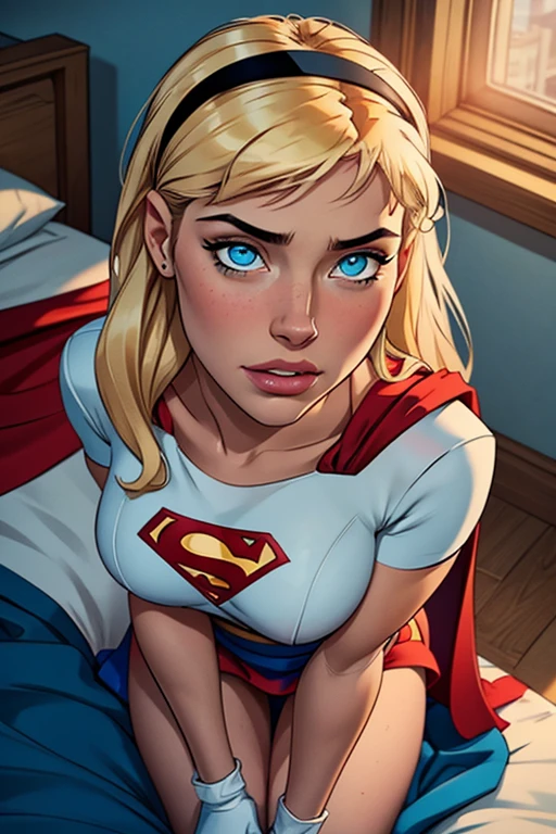 Masterpiece, raw, beautiful art, professional artist, 8k, very detailed face, very detailed hair, 1girl, Supergirl (blonde hair, long hair, hairband, blue eyes, gloves, red cape, short tight blue skirt, white shirt), lying on her bed in the Watchtower, hot, horny, aroused, blushing, her hands exploring her body, thinking of her girlfriend, missing her lover, camera from above, no labels, no branding, perfectly drawn body, beautiful face, very detailed eyes, rosey cheeks, intricate details in eyes, puckered lips, perfect fit body, beautiful body, extremely detailed, intricate details, highly detailed, sharp focus, detailed skin, realistic skin texture, texture, detailed eyes, high resolution, kodak vision color, foto_\(ultra\), post-processing, maximum detail, roughness, real life, ultra realistic, photorealism, photography, absurdres, RAW photo, highest quality, high detail RAW color photo, professional photo, extremely detailed UHD 8k wallpaper unit, best quality, highres, (masterpiece, top quality, high resolution:1.4), photo, cinematic, film grain, sharp, soft natural light, magic photography, super detailed