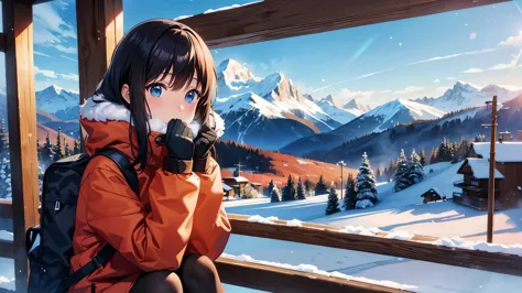 Winter early morning、Young woman taking a break at a ski resort。Hair is black。She was wearing a warm ski jacket and a backpack.、...