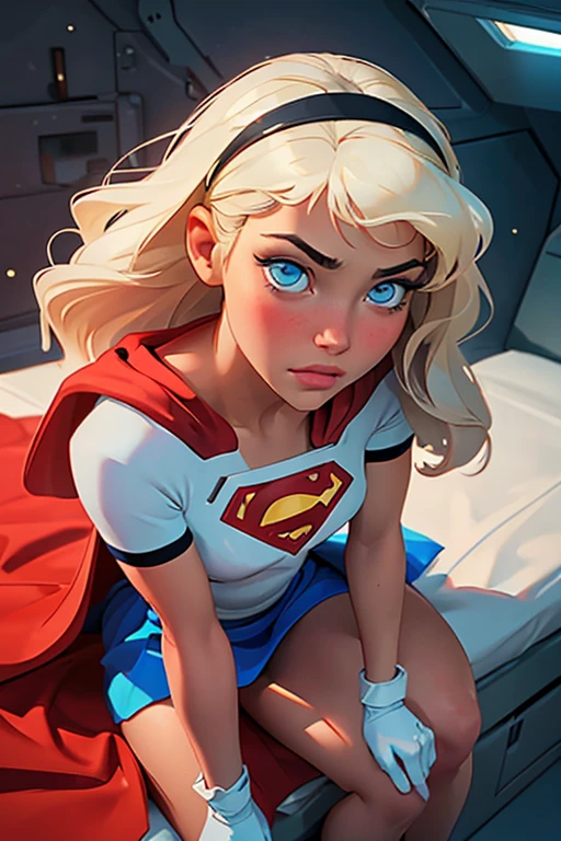 Masterpiece, raw, beautiful art, professional artist, 8k, very detailed face, very detailed hair, 1girl, Supergirl (blonde hair, long hair, hairband, blue eyes, gloves, red cape, short tight blue skirt, white shirt), relaxing on her comfortable bed, in the Justice League space station, hot, horny, aroused, blushing, her hands exploring her body, thinking of her girlfriend, missing her lover, camera from above, no labels, no branding, perfectly drawn body, beautiful face, very detailed eyes, rosey cheeks, intricate details in eyes, puckered lips, perfect fit body, beautiful body, extremely detailed, intricate details, highly detailed, sharp focus, detailed skin, realistic skin texture, texture, detailed eyes, high resolution, kodak vision color, foto_\(ultra\), post-processing, maximum detail, roughness, real life, ultra realistic, photorealism, photography, absurdres, RAW photo, highest quality, high detail RAW color photo, professional photo, extremely detailed UHD 8k wallpaper unit, best quality, highres, (masterpiece, top quality, high resolution:1.4), photo, cinematic, film grain, sharp, soft natural light, magic photography, super detailed