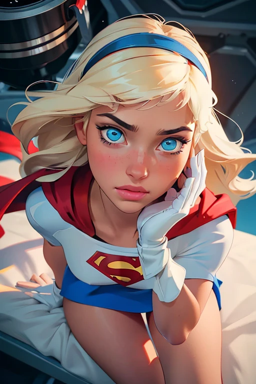 Masterpiece, raw, beautiful art, professional artist, 8k, very detailed face, very detailed hair, 1girl, Supergirl (blonde hair, long hair, hairband, blue eyes, gloves, red cape, short tight blue skirt, white shirt), relaxing on her comfortable bed, in the Justice League space station, hot, horny, aroused, blushing, her hands exploring her body, thinking of her girlfriend, missing her lover, camera from above, no labels, no branding, perfectly drawn body, beautiful face, very detailed eyes, rosey cheeks, intricate details in eyes, puckered lips, perfect fit body, beautiful body, extremely detailed, intricate details, highly detailed, sharp focus, detailed skin, realistic skin texture, texture, detailed eyes, high resolution, kodak vision color, foto_\(ultra\), post-processing, maximum detail, roughness, real life, ultra realistic, photorealism, photography, absurdres, RAW photo, highest quality, high detail RAW color photo, professional photo, extremely detailed UHD 8k wallpaper unit, best quality, highres, (masterpiece, top quality, high resolution:1.4), photo, cinematic, film grain, sharp, soft natural light, magic photography, super detailed