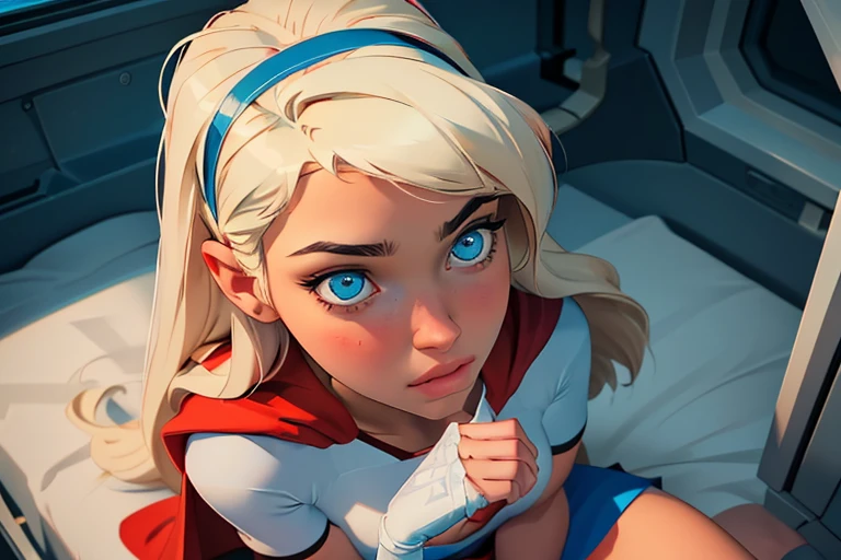 Masterpiece, raw, beautiful art, professional artist, 8k, very detailed face, very detailed hair, 1girl, Supergirl (blonde hair, long hair, hairband, blue eyes, gloves, red cape, short tight blue skirt, white shirt), relaxing on her comfortable bed, in the Justice League space station, hot, horny, aroused, blushing, her hands exploring her body, thinking of her girlfriend, missing her lover, camera from above, no labels, no branding, perfectly drawn body, beautiful face, very detailed eyes, rosey cheeks, intricate details in eyes, puckered lips, perfect fit body, beautiful body, extremely detailed, intricate details, highly detailed, sharp focus, detailed skin, realistic skin texture, texture, detailed eyes, high resolution, kodak vision color, foto_\(ultra\), post-processing, maximum detail, roughness, real life, ultra realistic, photorealism, photography, absurdres, RAW photo, highest quality, high detail RAW color photo, professional photo, extremely detailed UHD 8k wallpaper unit, best quality, highres, (masterpiece, top quality, high resolution:1.4), photo, cinematic, film grain, sharp, soft natural light, magic photography, super detailed