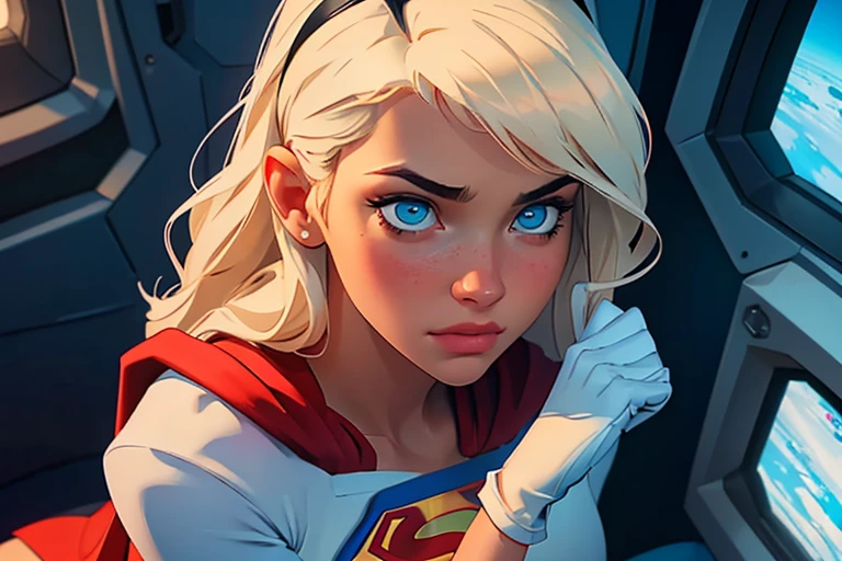 Masterpiece, raw, beautiful art, professional artist, 8k, very detailed face, very detailed hair, 1girl, Supergirl (blonde hair, long hair, hairband, blue eyes, gloves, red cape, short tight blue skirt, white shirt), relaxing on her comfortable bed, in the Justice League space station, hot, horny, aroused, blushing, her hands exploring her body, thinking of her girlfriend, missing her lover, camera from above, no labels, no branding, perfectly drawn body, beautiful face, very detailed eyes, rosey cheeks, intricate details in eyes, puckered lips, perfect fit body, beautiful body, extremely detailed, intricate details, highly detailed, sharp focus, detailed skin, realistic skin texture, texture, detailed eyes, high resolution, kodak vision color, foto_\(ultra\), post-processing, maximum detail, roughness, real life, ultra realistic, photorealism, photography, absurdres, RAW photo, highest quality, high detail RAW color photo, professional photo, extremely detailed UHD 8k wallpaper unit, best quality, highres, (masterpiece, top quality, high resolution:1.4), photo, cinematic, film grain, sharp, soft natural light, magic photography, super detailed