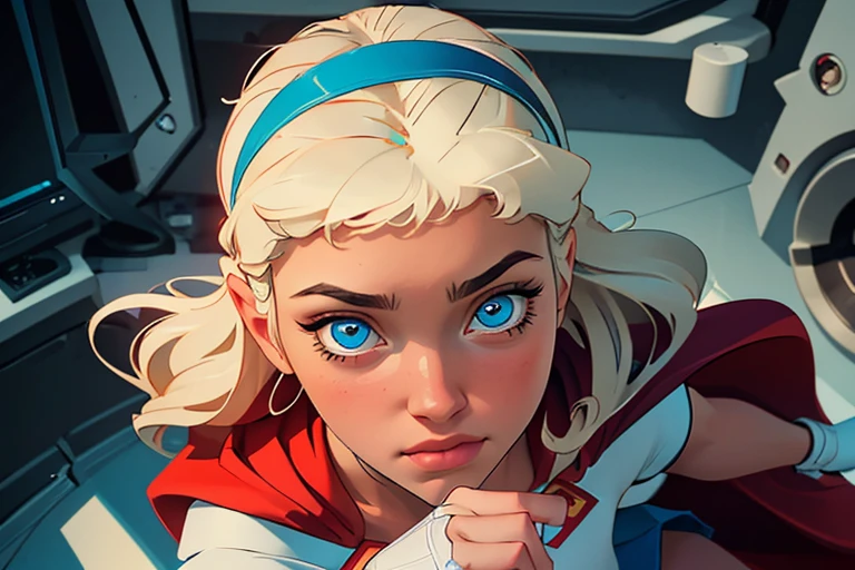 Masterpiece, raw, beautiful art, professional artist, 8k, very detailed face, very detailed hair, 1girl, Supergirl (blonde hair, long hair, hairband, blue eyes, gloves, red cape, short tight blue skirt, white shirt), relaxing on her comfortable bed, in the Justice League space station, hot, horny, aroused, blushing, her hands exploring her body, thinking of her girlfriend, missing her lover, camera from above, no labels, no branding, perfectly drawn body, beautiful face, very detailed eyes, rosey cheeks, intricate details in eyes, puckered lips, perfect fit body, beautiful body, extremely detailed, intricate details, highly detailed, sharp focus, detailed skin, realistic skin texture, texture, detailed eyes, high resolution, kodak vision color, foto_\(ultra\), post-processing, maximum detail, roughness, real life, ultra realistic, photorealism, photography, absurdres, RAW photo, highest quality, high detail RAW color photo, professional photo, extremely detailed UHD 8k wallpaper unit, best quality, highres, (masterpiece, top quality, high resolution:1.4), photo, cinematic, film grain, sharp, soft natural light, magic photography, super detailed