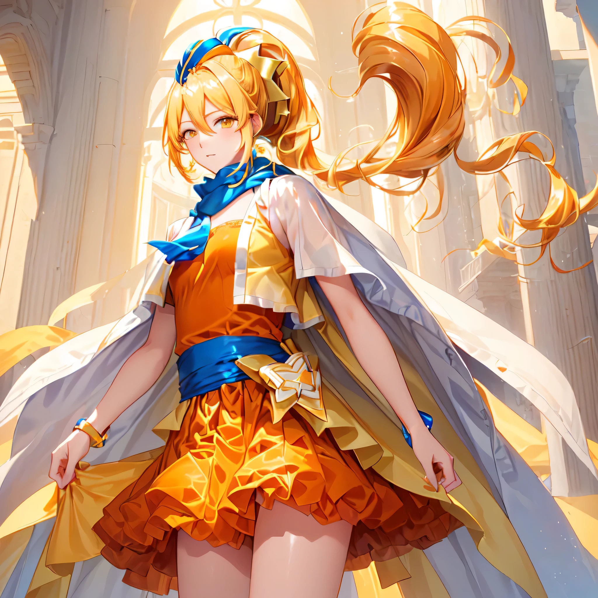 Image of a male character with long blonde hair and an orange dress、solo、Golden Aura、Permed ponytail、High Ponytail、Yellow eyed boy、Official Art、Hair between the eyes、yami cool、Dress Up Darling Anime、Blue mini hat、Yellow cardigan、Official character art、High-quality artwork、Blue scarf、we、Orange Mini Skirt、Anime Best Boy、A boy is standing、Orange High Heels、Official Artwork、Bare Arms、Bare thighs、Bare legs、Cool anime boys、Also、