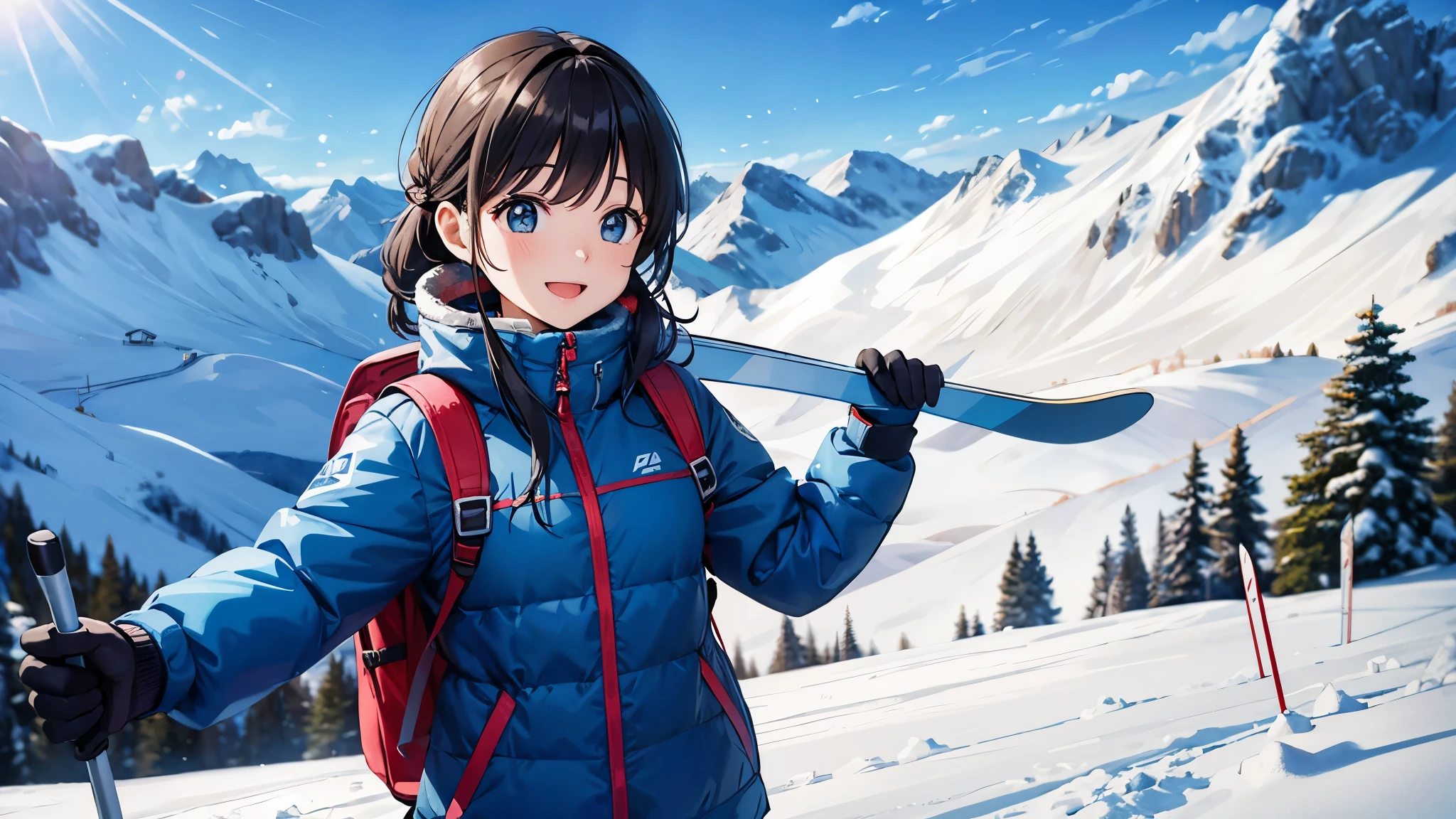 A clear winter day、A young woman who has just finished skiing at a ski resort、A scene of a happy girl smiling as she carries her skis on her shoulders。Hair is black。She was wearing a dark blue ski jacket and backpack.、Snow-covered mountains in the background々And the blue sky spreads out。The art style is anime-like.、The bright colors and dynamic composition convey the fun and active atmosphere of winter sports.。