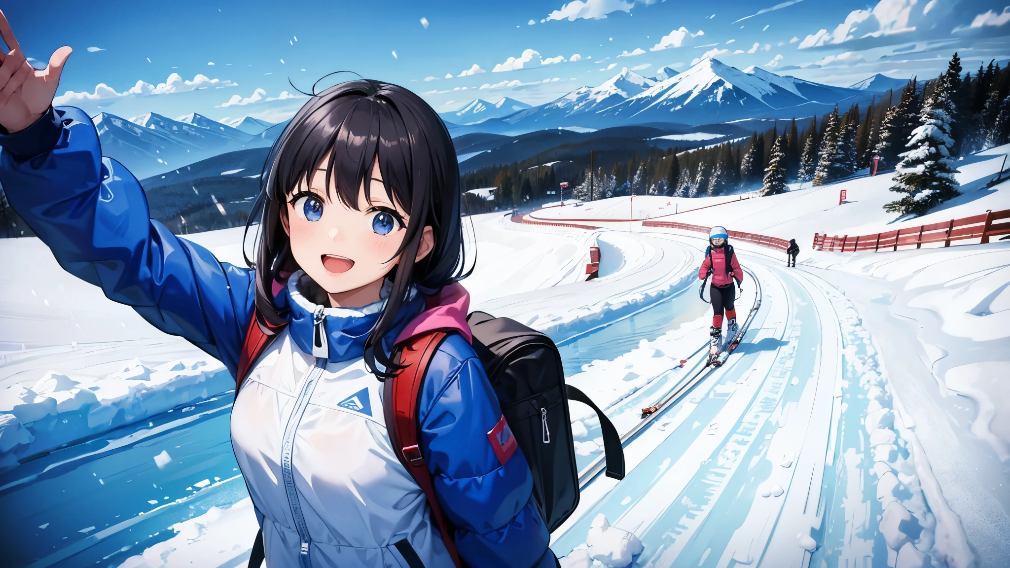 A clear winter day、A young woman who has just finished skiing at a ski resort、A scene of a happy girl smiling as she carries her skis on her shoulders。Hair is black。She was wearing a dark blue ski jacket and backpack.、Snow-covered mountains in the background々And the blue sky spreads out。The art style is anime-like.、The bright colors and dynamic composition convey the fun and active atmosphere of winter sports.。