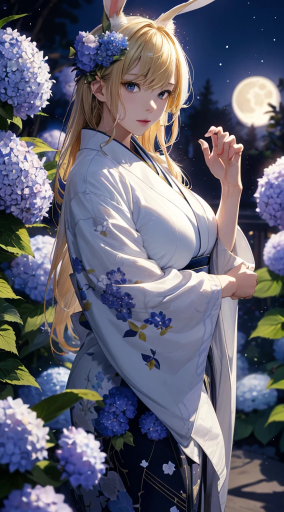 masterpiece, high quality, 4K, Beautiful design, silhouette，blonde， 非常に詳細な夜のStarry Sky,Hydrangea flower garden， wonderful, Finer details,  Very knowledgeable woman, Highly detailed solo, 1 female,Bunny ears，Big Breasts，White kimono，Night view，Starry Sky，full moon，