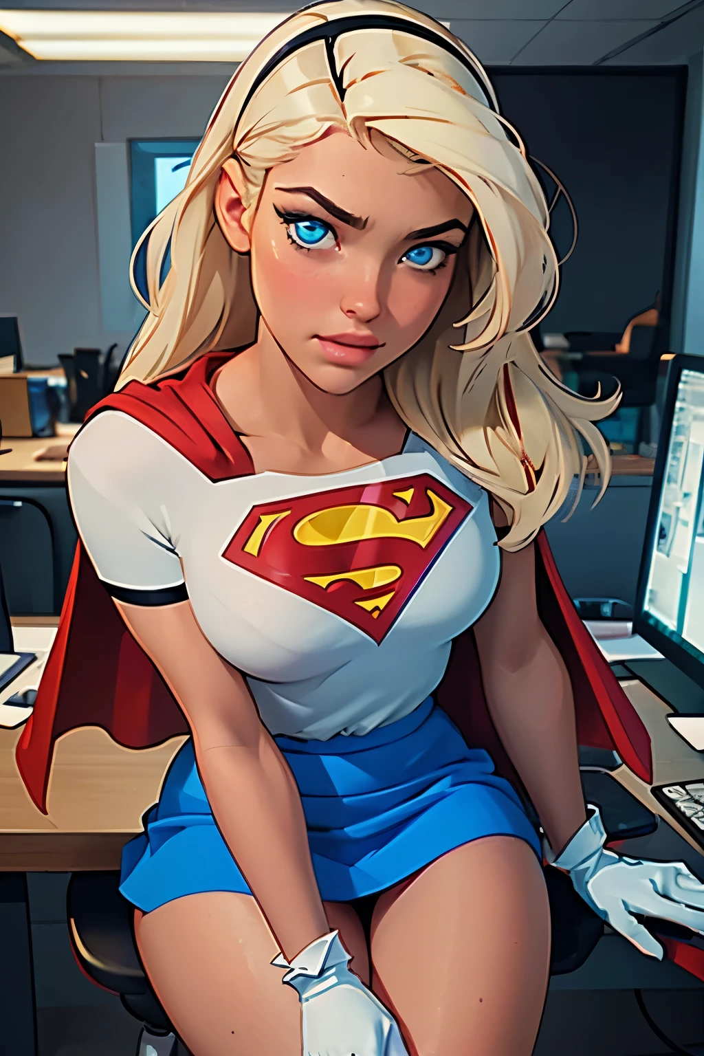 Masterpiece, raw, beautiful art, professional artist, 8k, very detailed face, very detailed hair, 1girl, Supergirl (blonde hair, long hair, hairband, blue eyes, gloves, red cape, blue skirt, white shirt), at the Daily Planet, in Lois' office, a sexy modern office, sitting on her desk, the desk is glass and see-through, POV, hot, horny, aroused, blushing, no labels, no branding, perfectly drawn body, beautiful face, long hair, very detailed eyes, rosey cheeks, intricate details in eyes, puckered lips, perfect fit body, beautiful body, extremely detailed, intricate details, highly detailed, sharp focus, detailed skin, realistic skin texture, texture, detailed eyes, high resolution, kodak vision color, foto_\(ultra\), post-processing, maximum detail, roughness, real life, ultra realistic, photorealism, photography, absurdres, RAW photo, highest quality, high detail RAW color photo, professional photo, extremely detailed UHD 8k wallpaper unit, best quality, highres, (masterpiece, top quality, high resolution:1.4), photo, cinematic, film grain, sharp, soft natural light, magic photography, super detailed