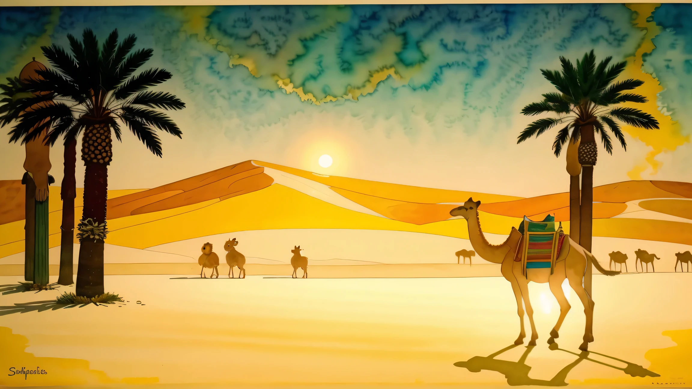 Arabia, a person standing next to a couple of camels outdoors, palm tree, desert landscape, palm_tree, horse, outdoors, old buildings, sand, house, modern art, painting, drawing, watercolor, psychedelic colors