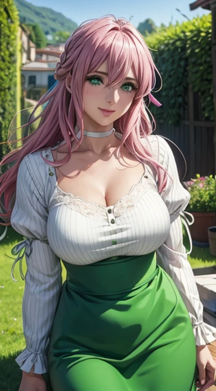 Cute Italian girl, big breasts , Italian lady, Model, long open hair, hair floating,  green color full sleeve clothes, white apron,  open neckline,  green eyes and pink hair, short skirt, ultra realistic eyes , sunlight and garden background, bright purple eyes, ultra realistic detailed eyes, innocent eyes, looking at camera, beautiful smile, beautiful face ,pink color hair