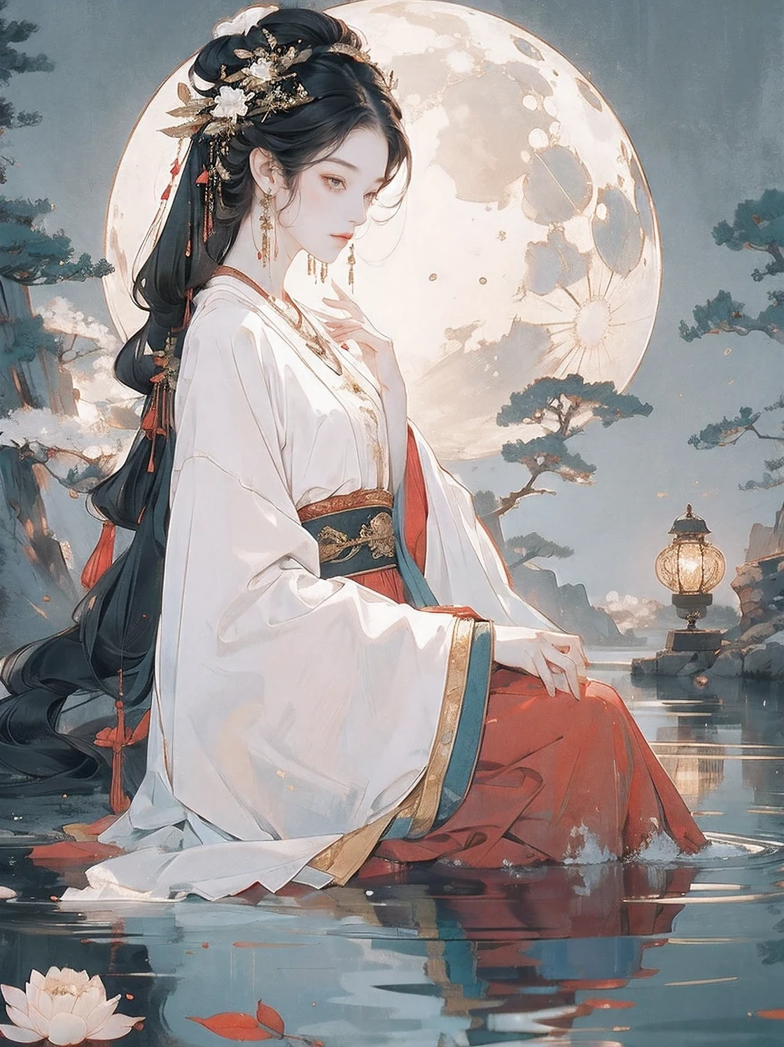 Simple background, masterpiece, best quality, conceptual art, (charming eyes), 1 girl, (lying posture), black hair, red dress, tree, pond, cherry blossom, night, lantern on water, moon, floating petals, light dots, long hair, atmosphere, flower sea, lively, without any, perfect hands, five fingers, gorgeous clothes, easygoing, charming eyes, profound expression, negative_hand