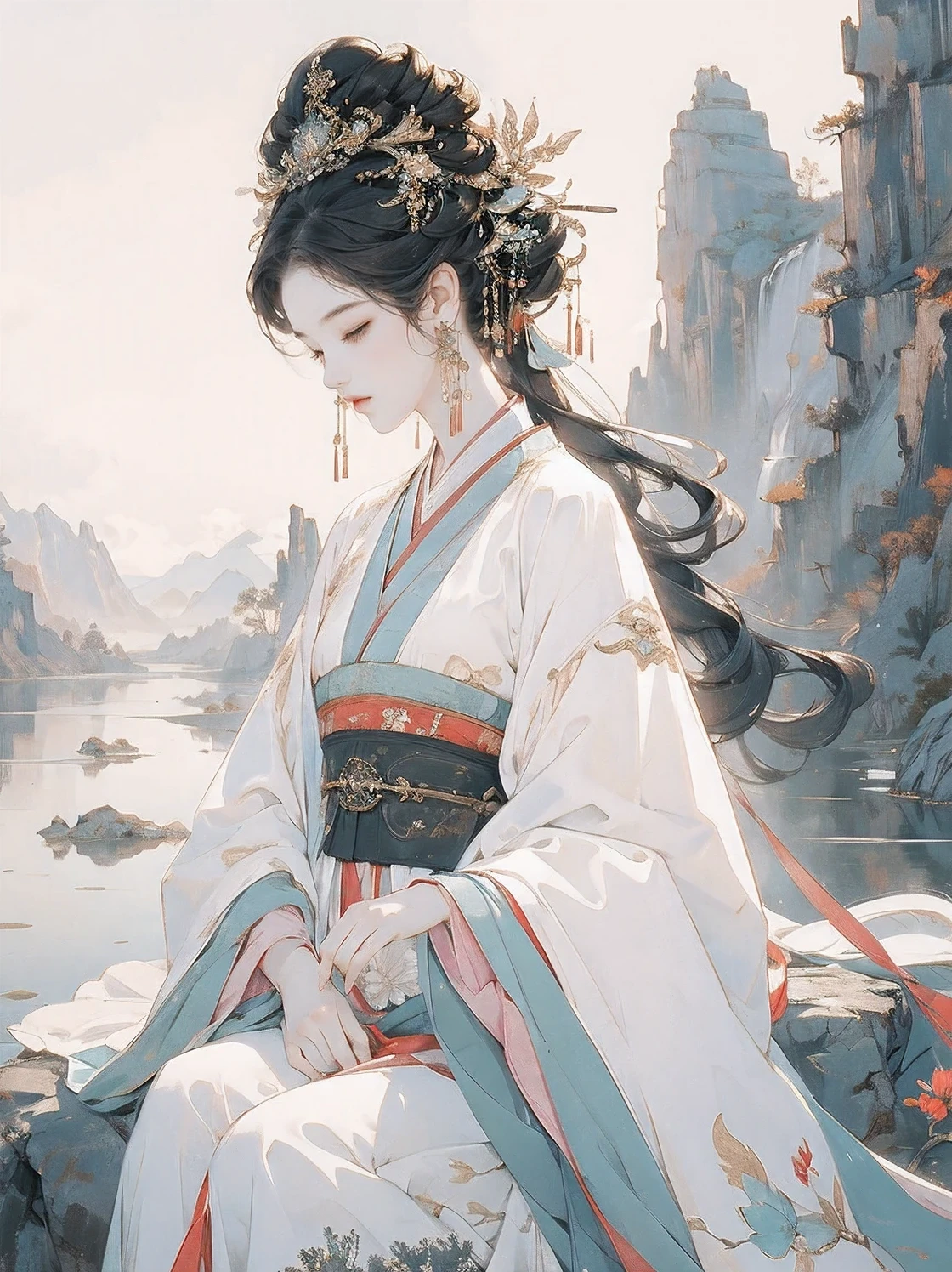 Masterpiece, best quality, 4k, absurd, simple background, 1 girl, (solo), (Hanfu), long skirt, white, sitting by the river, central composition, white decoration, black hair, dreamy, (cute face), chest, sky background, (long hair), pond, distant mountain, Li Hui, front, (looking at the audience), central composition, half, dreaming, fantasy, close-up, (sky), outdoor, long eyes, No excess, no ribbons, blurry background, (no hair accessories), lighting, lighting, sunlight, lighting effects, CG digital rendering,negative_hand