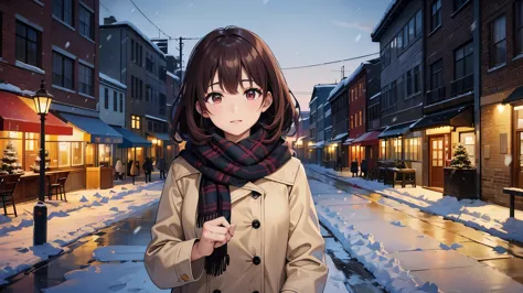 Snowy winter day in the city、A young woman wearing a warm coat and a reddish-brown scarf turns around。Hair is black。Her hair flu...