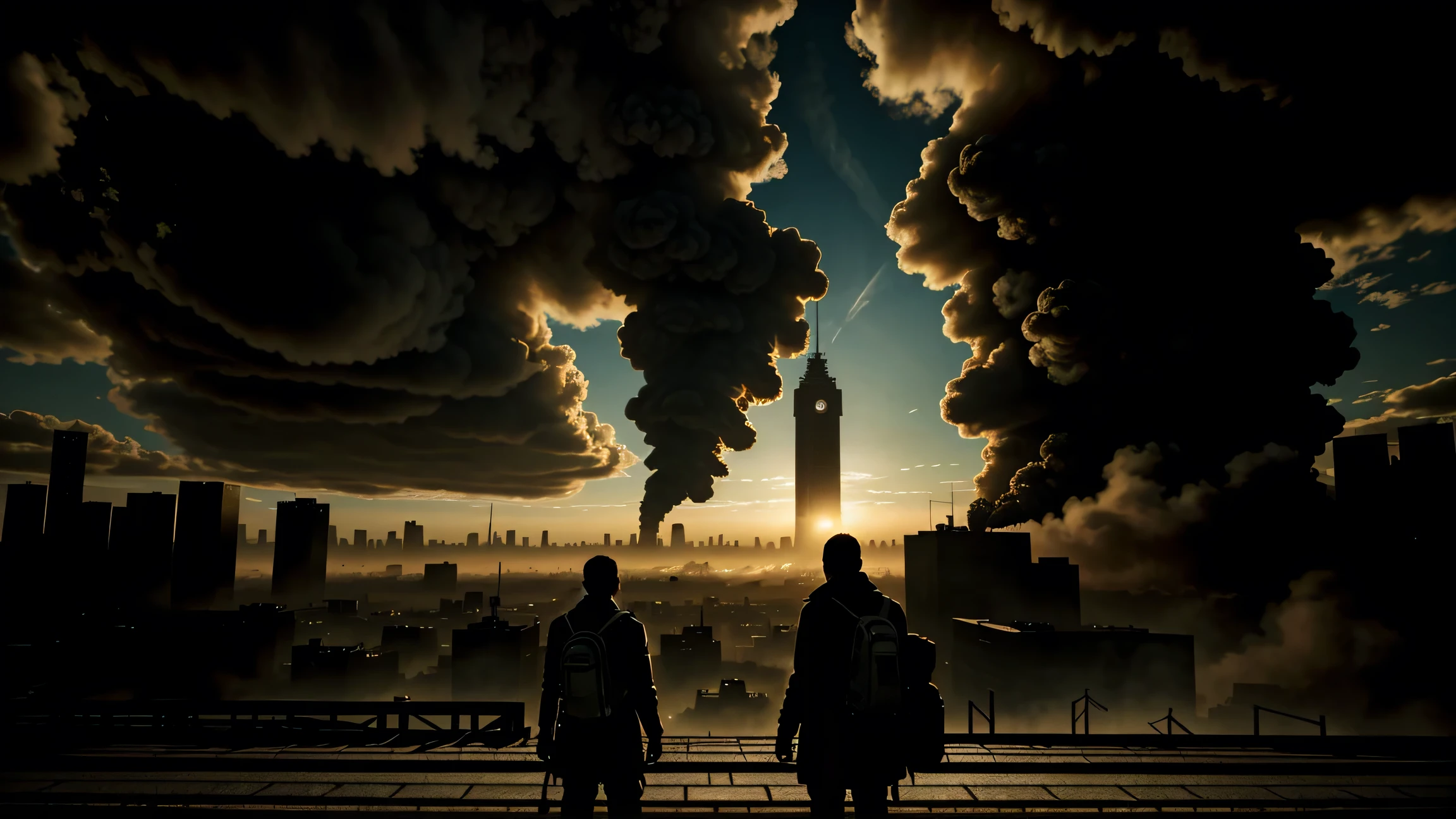 post Apocalyptic scene, a man and a woman standing in front of a tower with fire and smoke, dressed in ragged clothing, creepy sky, backpack, bag, clouds, outdoors, scarf, buildings, fire, realistic, city, looking_at_viewer, coat