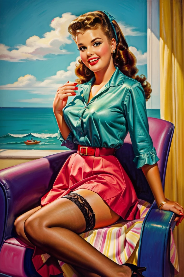 20 years old girl (Jessica Simpson:0.7) sitting on the chair, vintage,  retro pin up style,sexy, mouth O, surprised, up skirt, flowing skirt,  colorful , masterpieces, illustrated,