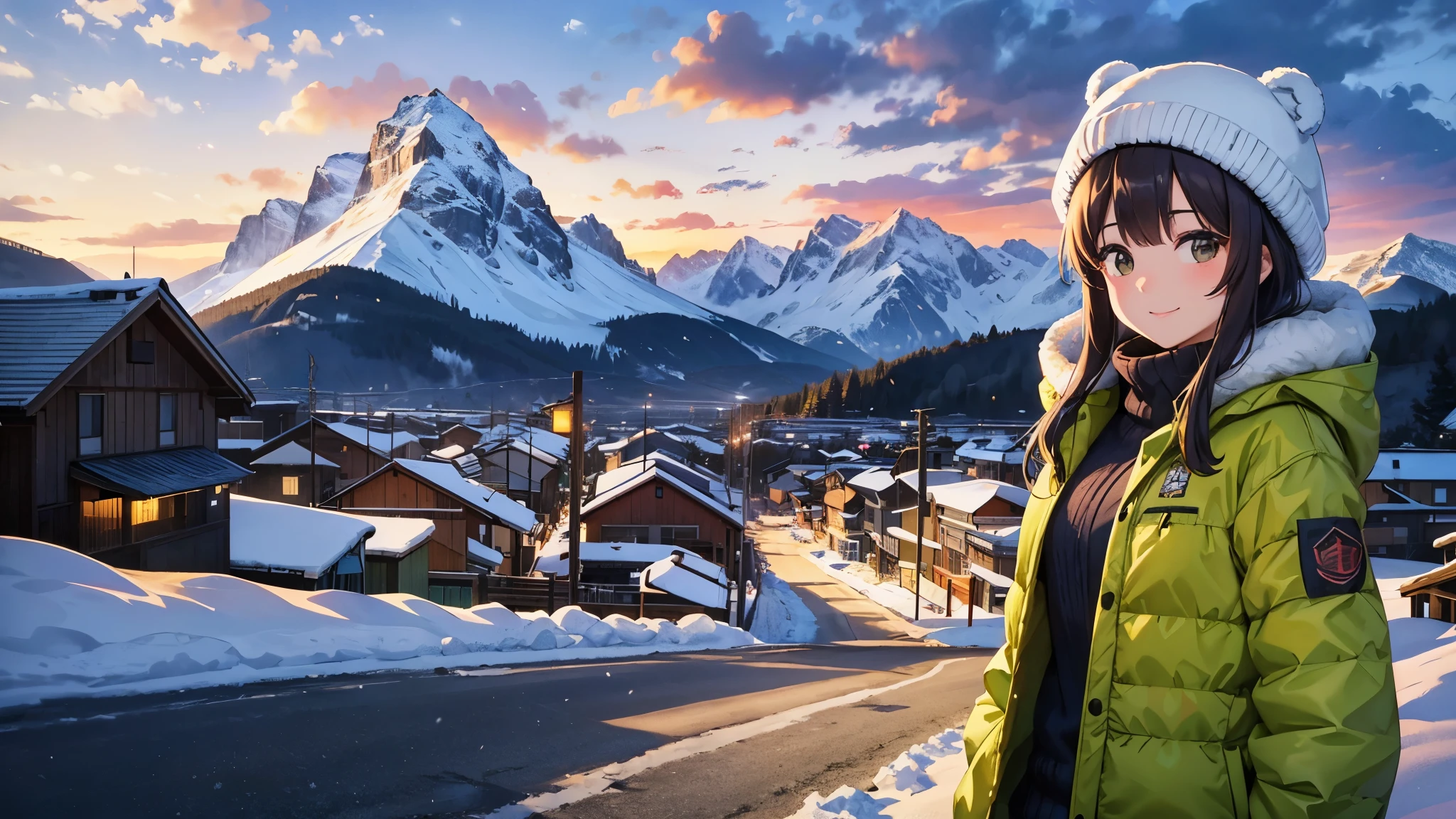 At sunset in winter、Snow-covered mountain town in the background、A smiling young woman wearing a bear-shaped hat is standing facing forward。She is wearing a green jacket and sweater.、With my face turning red from the cold air、Looking at the camera with a bright expression。Other tourists are seen strolling around the town&#39;s main street.。The art style is anime-like.、Characterized by soft winter light and detailed snowy scenery。