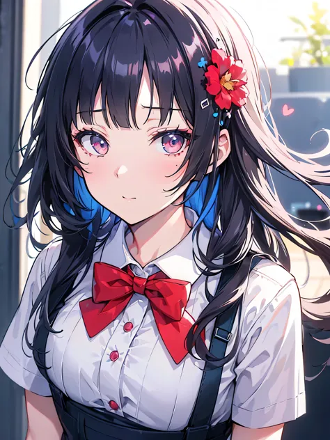 (((White color background))),
School_uniform,Red bow tie,White shirt,Blue Sweater Vest,Pleats_skirt,
flower hair clip, hair flower, hair ornament, 
Red eye,Front hair, black_hair, length_hair,
1 girl, 20 years,young woman,beautiful Finger,beautiful length ...
