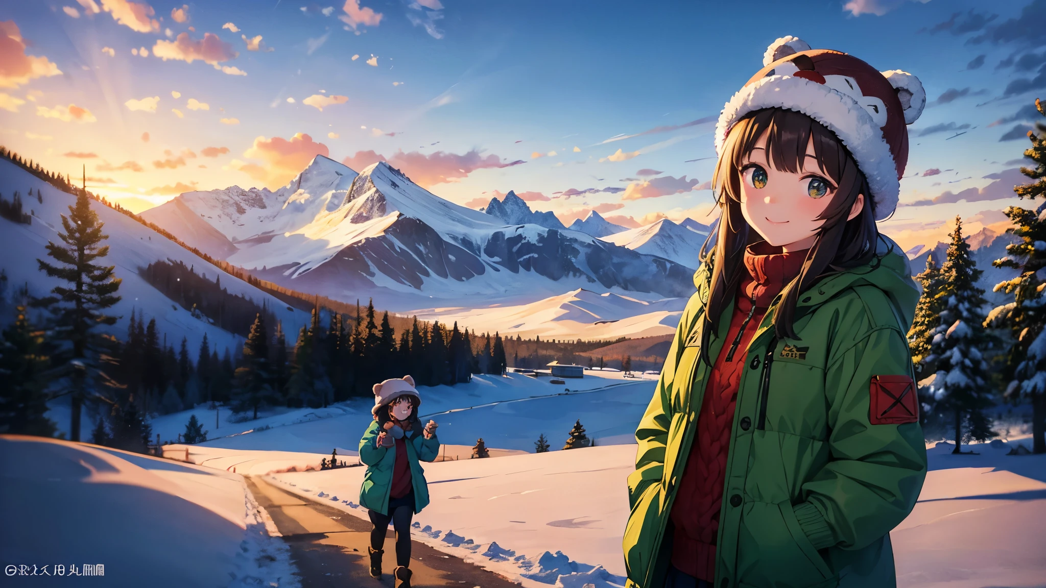 At sunset in winter、Snow-covered mountain town in the background、A smiling young woman wearing a bear-shaped hat is standing facing forward。She is wearing a green jacket and sweater.、With my face turning red from the cold air、Looking at the camera with a bright expression。Other tourists are seen strolling around the town&#39;s main street.。The art style is anime-like.、Characterized by soft winter light and detailed snowy scenery。