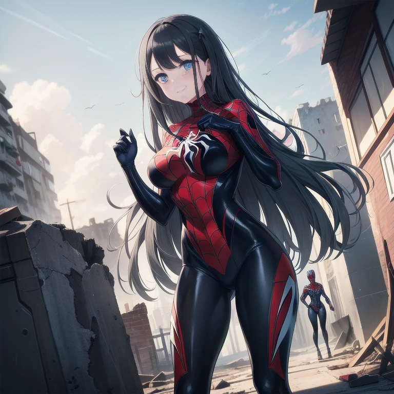 One girl,Big Breasts,Standing in the ruins of a city,(8k),scratch,Detailed face,Gray Hair,Dark blue eyes,Long Hair,Embarrassing,A small smile,expensive_resolution, expensive_meaning,battlefield,Brave pose,Dark colored suit,(Symbiote Spiderman Custom:1.1),