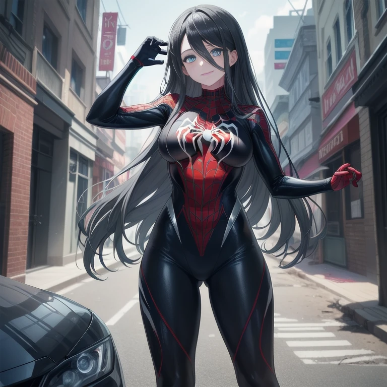 One girl,Big Breasts,Standing in the ruins of a city,(8k),scratch,Detailed face,Gray Hair,Dark blue eyes,Long Hair,Embarrassing,A small smile,expensive_resolution, expensive_meaning,battlefield,Brave pose,Dark colored suit,(Symbiote Spiderman Custom:1.1),