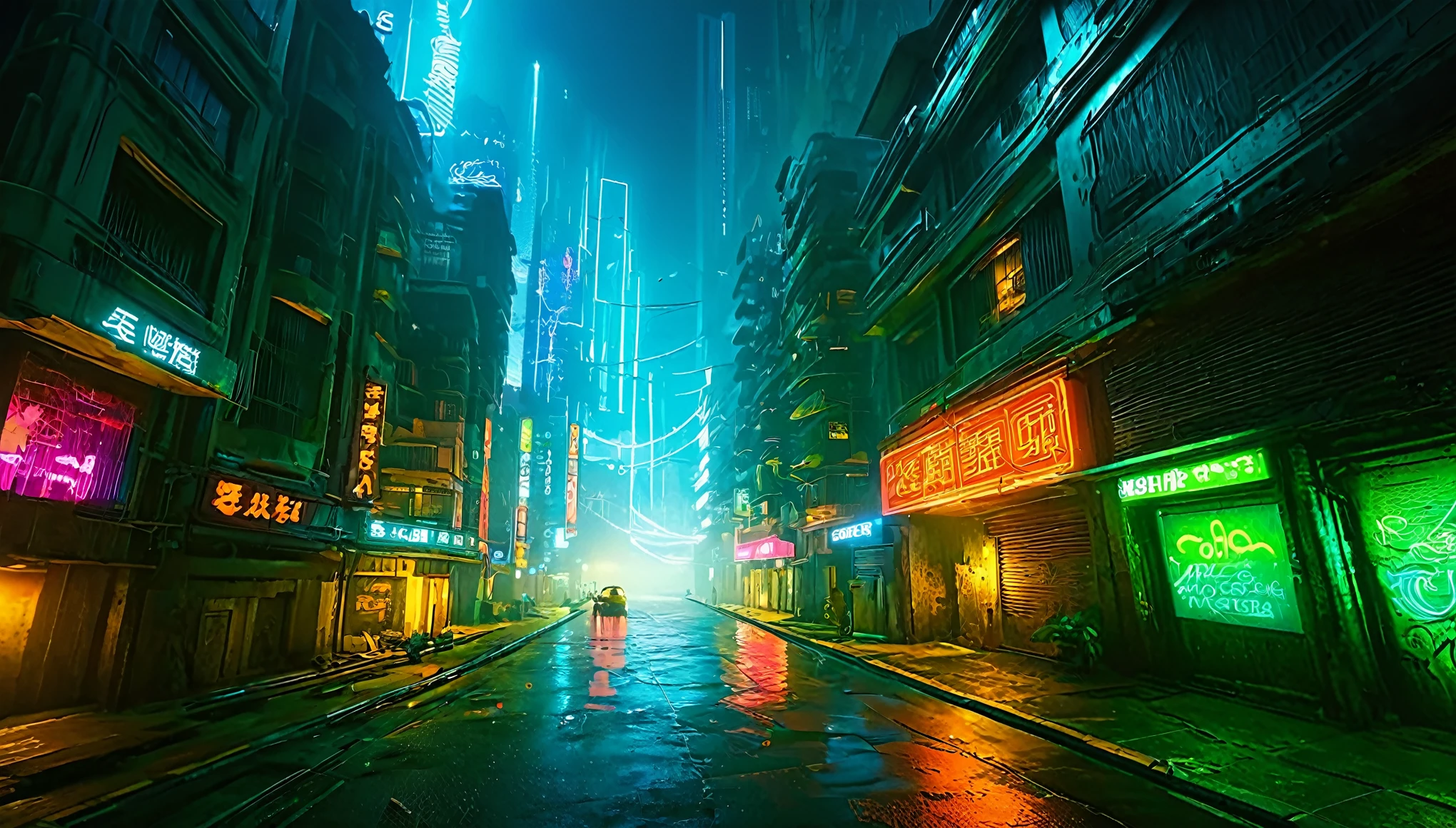 paisaje futurista oscuro, de noche, neon lights, Atmospheric fog, grandes edificios de fondo, ciudad futurista, calles sucias y concurridas con tiendas abiertas, basura en la calle, Edificios en ruinas, rascacielos (postapocalyptic city:1.3)