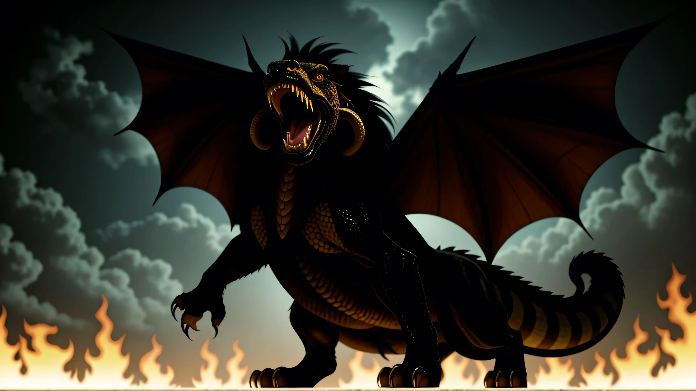 Chimera, hybrid creature, lion with the head of a goat protruding from its back, dragon's wings, tail end with a snake's head, animal, realistic, monster fire-breathing , open_mouth, teeth, sharp_teeth, claws