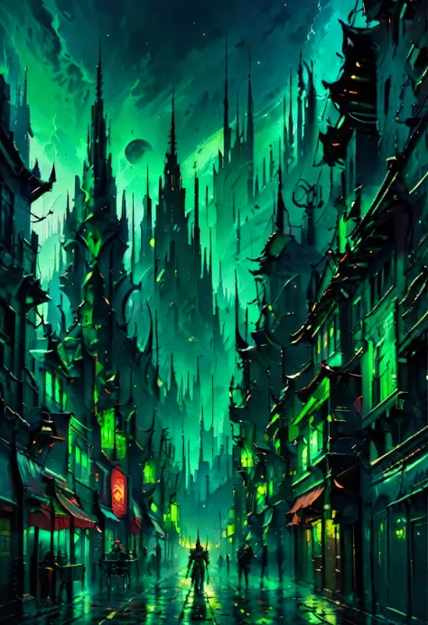 a random street of commorragh, dark, few neon lights in green, minimal trash on the sides, dark eldar in the distance, chains co...