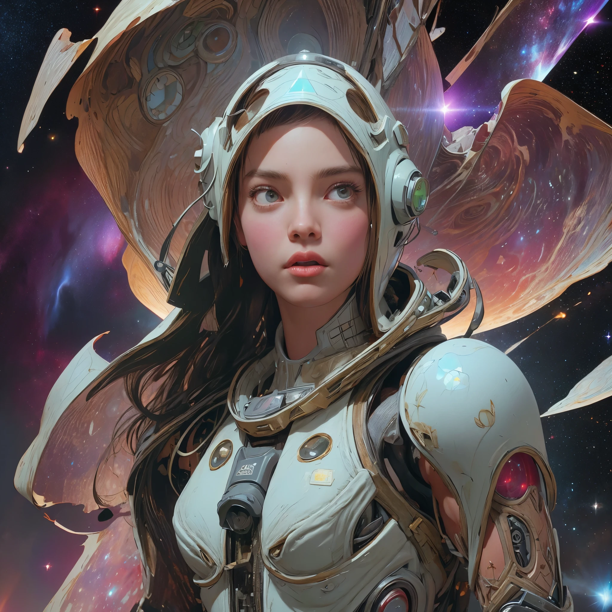 there is a screenshot of a woman in a space suit, cosmic girl, event, cosmic entity, incrinate content details, endless cosmos in the background, historical event, real event, astral background, cosmic background, cosmic goddess, cyborg goddess in cosmos, celestial cosmos, game interface, violet battlefield theme, cosmic style, hyperdetailed content, background details