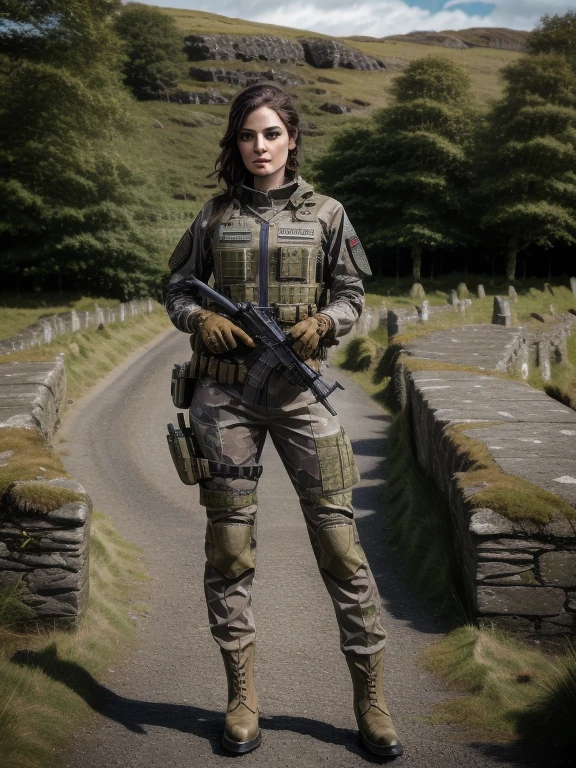 ultra realista, muy detallado, 8K, 1 mujer irlandesa, etnia irlandesa, a futuristic-looking female military commyer with a fantastic face, usando un par de ((Guantes gris hierro)) y ((botas militares marrones)), vestido ((traje de rana marrón)), stying in irely, sosteniendo arma, sosteniendo el arma, rifle, hygun, Fusil de asalto, usando táctica, enfoque facial, HD, anatómicamente correcto, mejor calidad, obra maestra, panel de cuerpo completo, irely flag in background, fondo perfecto 