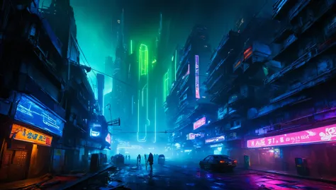 paisaje futurista oscuro, de noche, neon lights, atmospheric fog, grandes edificios de fondo, ciudad futurista, calles sucias y ...