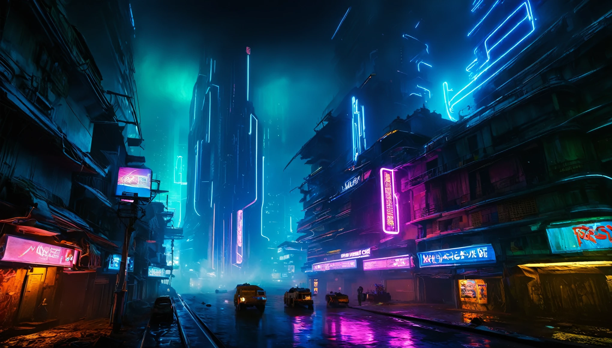 paisaje futurista oscuro, de noche, neon lights, Atmospheric fog, grandes edificios de fondo, ciudad futurista, calles sucias y concurridas con tiendas abiertas, basura en la calle, Edificios en ruinas, rascacielos (postapocalyptic city:1.3)