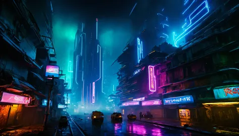 paisaje futurista oscuro, de noche, neon lights, atmospheric fog, grandes edificios de fondo, ciudad futurista, calles sucias y ...