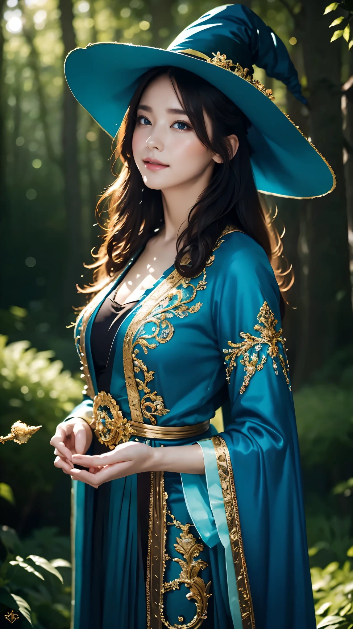 highest quality,High resolution,(Realistic:1.37),Digital Painting,magician,Beautiful fine details,Beautiful lip detail,Long hair blowing in the wind,Magical forest background,Mysterious atmosphere,Vibrant colors,Dark and mysterious lighting,Magic spells,Glowing magic crystals,Blue Costume,Ornate Robe,Witch Hat,Magic wand,Glowing Rune,holographic effect,magician in the moonlight,Heavenly Beauty,Seductive pose,2. Magical Creatures,Fantasy art,Concept Artist,+4K,Bokeh, Laughing happily, Staring at the audience