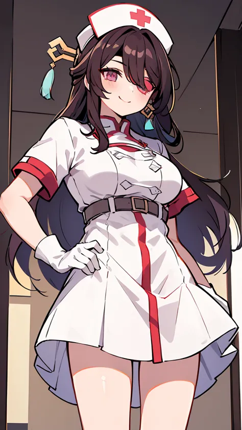 Girl1,Nurse, Sword, ((nurse cap,white legs, Zetai Ryuki)), white gloves, standing, ((hospital room)), short sleeves,seductive sm...