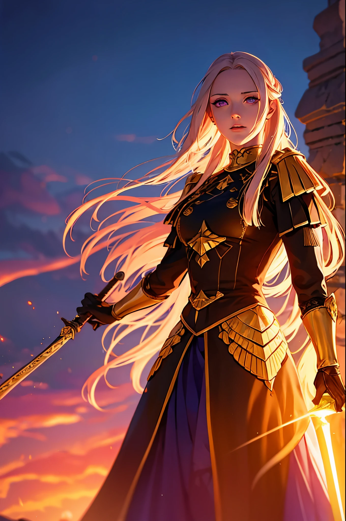 girl, beautiful detailed eyes, beautiful detailed lips, long eyelashes, red hair with golden highlights, determined expression, medieval clothing, standing confidently, holding a sword, surrounded by sky, bright sunny day, glowing magical aura, realistic and detailed illustration, intense and vibrant colors, epic fantasy art style, dynamic lighting and shadows, edelgard von hresvleg, fire emblem: three houses, platinum blonde hair, purple eyes.