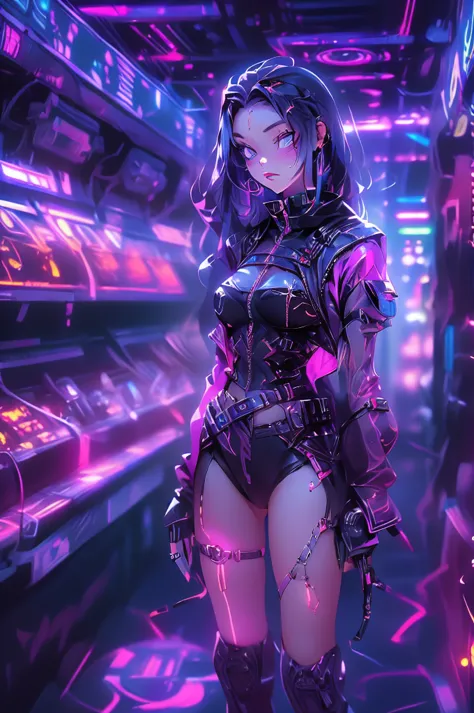 there is a purple screen with a description of a character, dark purple hair, and cybernetics, ryan glitter concept artist, cgso...