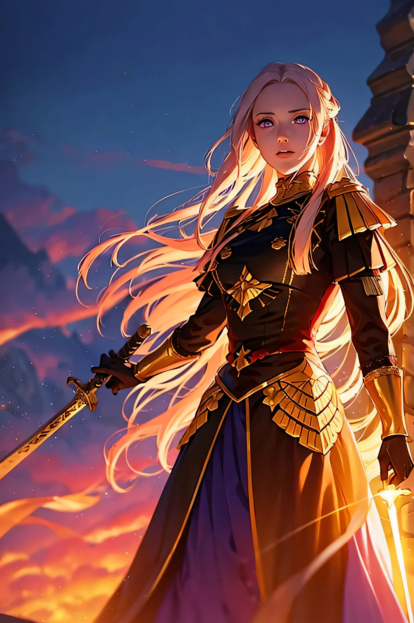 girl, beautiful detailed eyes, beautiful detailed lips, long eyelashes, red hair with golden highlights, determined expression, medieval clothing, standing confidently, holding a sword, surrounded by sky, bright sunny day, glowing magical aura, realistic and detailed illustration, intense and vibrant colors, epic fantasy art style, dynamic lighting and shadows, edelgard von hresvleg, fire emblem: three houses, platinum blonde hair, purple eyes, red dress, red officer's uniform.