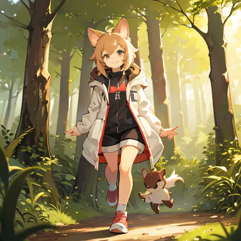 a small cute female hedgehog with brown and white fur, smiling and happy, wearing an open jacket and headphones, walking in a br...