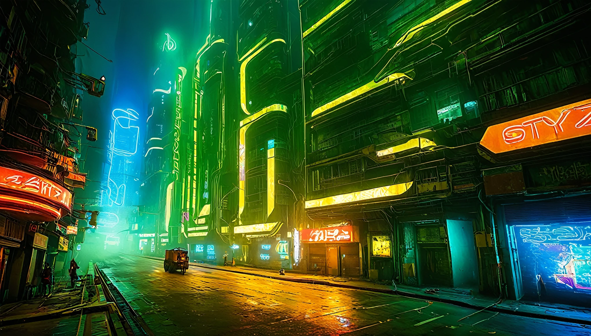 paisaje futurista oscuro, de noche, neon lights, Atmospheric fog, grandes edificios de fondo, ciudad futurista, calles sucias y concurridas con tiendas abiertas, basura en la calle, Edificios en ruinas, rascacielos (postapocalyptic city:1.3)