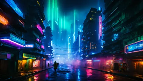 paisaje futurista oscuro, de noche, neon lights, atmospheric fog, grandes edificios de fondo, ciudad futurista, calles sucias y ...