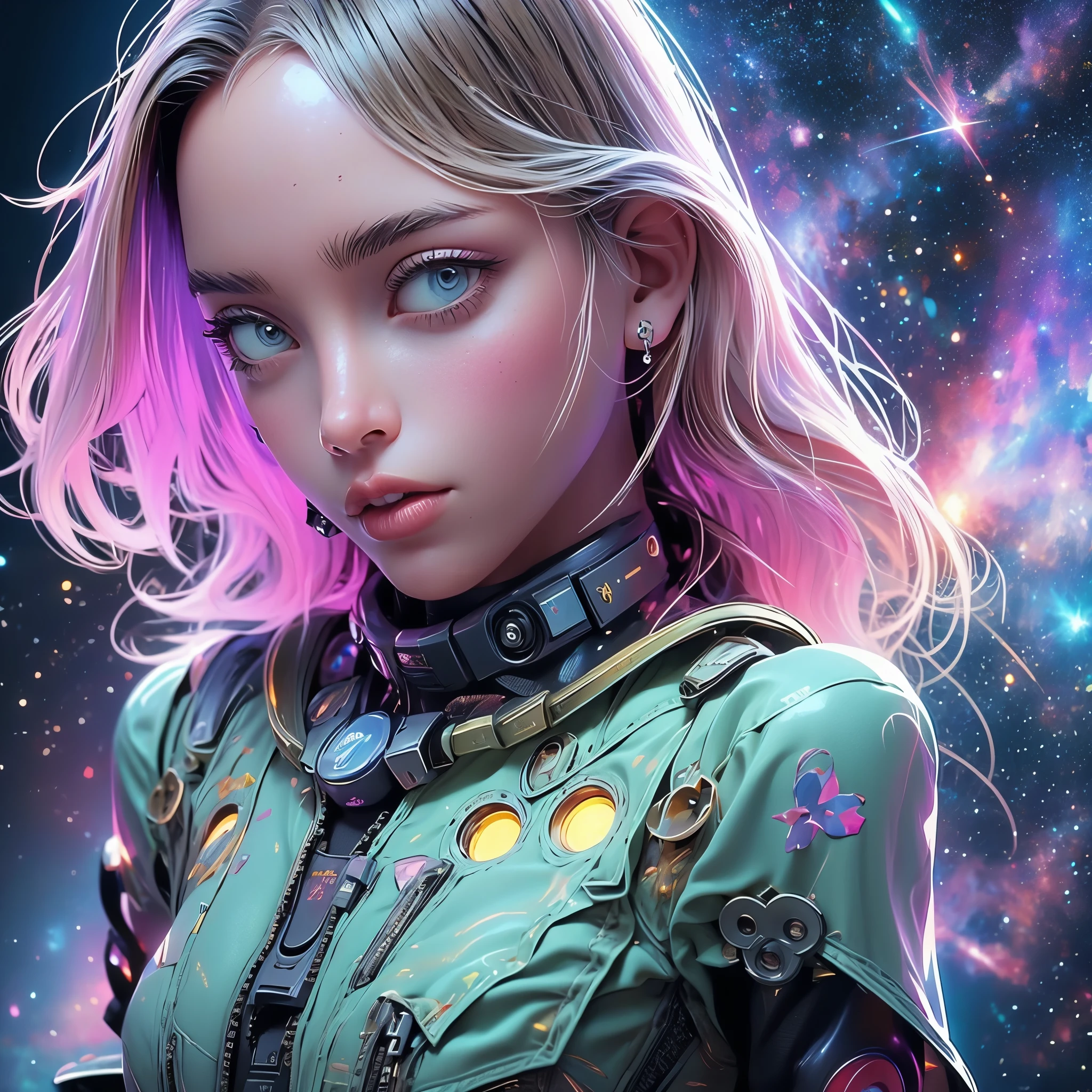 there is a screenshot of a woman in a space suit, a cosmic girl, an event, cosmic entity, incriminate content details, an endless cosmos in the background, historical event, real event, an astral background, cosmic background, cosmic goddess, cyborg goddess in cosmos, celestial cosmos, game interface, violet battlefield theme, cosmic style, hyperdetailed content, background details