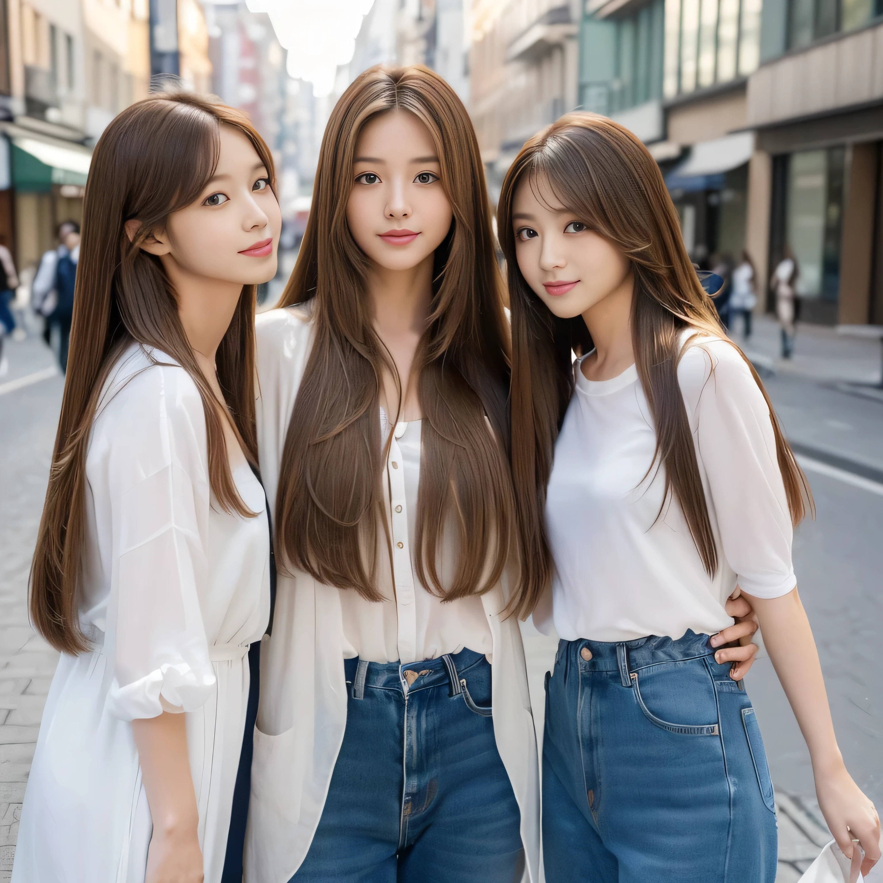 (((Three identical twins chatting happily in a busy street and striking random poses for a photo　A waist-up shot of three people having fun)))　((All three: Random poses that show as much back and hair as possible:1.8))　(The three girlfriends have neatly trimmed full bangs..:1.3)　((All three beautiful 24 year old hair model with long light brown hair, girl with super Very long hair that reaches down to the ankles, extremely Very long hair that reaches down to the ankles, Very long hair that reaches down to the ankles,Very long hair that reaches down to the ankles , Flowing Hair, very Very long hair that reaches down to the ankles, Very long hair that reaches down to the anklesgirl,Very long hair that reaches down to the ankles , flowing light brown hair, length Hair windy, Very long light brown hair, flowing light brown hair,Incredibly straight long-lasting hair, Abnormally long髪!!!!!　Her highest quality!!!!! hair is long and straight., とても長い light brown hair that reaches down to the ankles, highest quality light brown hair , , Highest quality long straightなVery long hair that reaches down to the ankles!!!!!　straight, beautiful, High quality hair, Very long hair that reaches down to the ankles and highest quality straight light brown hair, straight, highest quality light brown hair, Perfect silky straight hair of the highest quality, straight, highest quality light brown hair , lengthLight brown hair straight hair, Abnormally long hair that goes on forever!!!!!, Thick and voluminous light brown hair　Her hair is long and straight, Very long light brown hair, Abnormally long、or Abnormally long hair that goes on forever!!!! light brown hair, Very long hair!!!!!, straight, Long light brown hair that reaches down to her ankles!!!!!, Abnormally very long straight, beautiful hair of the highest quality, length Hair, length, straight light brown hair ,Extraordinarily very long light brown hair that lasts forever and free straight light brown hair , straight light brown hair))　(Japan&#39;s most sexy and beautiful 24-year-old beauty model)　((highest quality)), ((masterpiece)), (Familiar)　(Get used to it)　Perfect Face　(All threeHer skin is a typical Japanese skin color.　And very detailed)　(All three, center:1.3)　(All three　She is wearing a beautiful shiny white camisole.)　(All three　She has a beautiful face and a typical Japanese figure...., Narrow eyes)　(All three　She has perfect beautiful and sexy makeup and face　Lipstick is light red　A solid eyeliner)　((Rich 1.4))　(Very detailed)