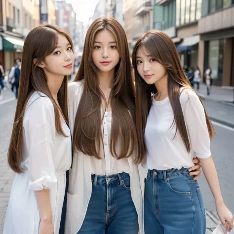 (((Three identical twins chatting happily in a busy street and striking random poses for a photo　A waist-up shot of three people...