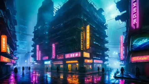 paisaje futurista oscuro, de noche, neon lights, atmospheric fog, grandes edificios de fondo, ciudad futurista, calles sucias y ...